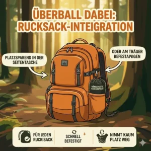 Platzsparende Hängematte klein verpackt in der Seitentasche eines Rucksacks.