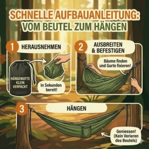 Schritt-für-Schritt Aufbau einer Hängematte klein verpackt aus dem Beutel.