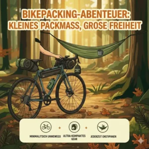 Minimalistische Bikepacking Ausrüstung mit einer Hängematte klein verpackt.