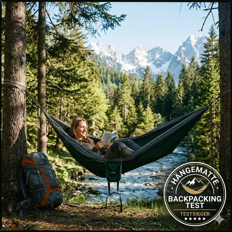 Ein Backpacker im Wald nutzt den Sieger aus unserem hängematte backpacking test.