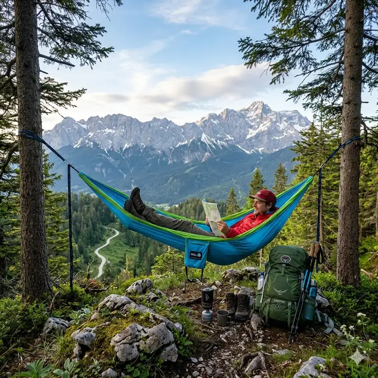 Eine ultraleichte hängematte ideal für rucksacktour mit Blick auf die Alpen.