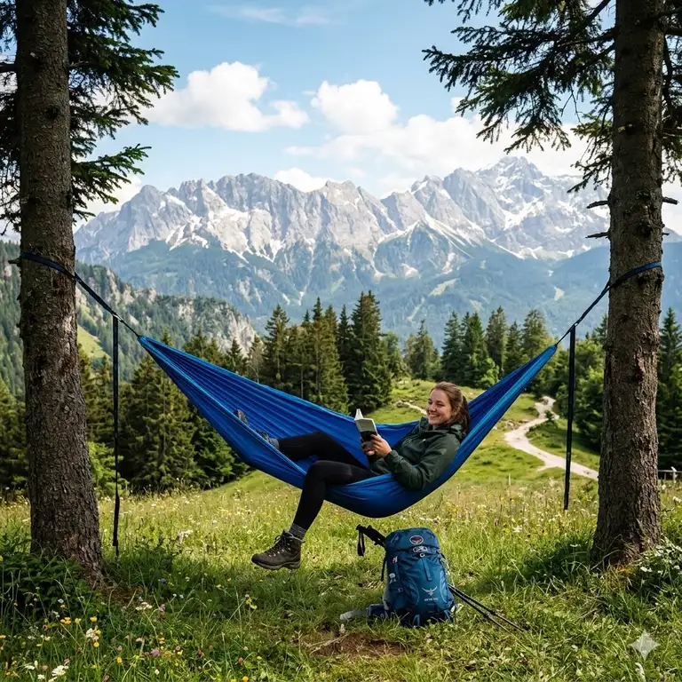 Eine reise hängematte ultraleicht aufgespannt zwischen zwei Bäumen in den Bergen.