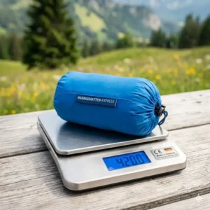Vergleich der kompakten Packgröße einer reise hängematte ultraleicht mit einer Wasserflasche.