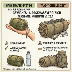 Infografik zum Gewichtsvorteil einer hängematte ideal für rucksacktour.