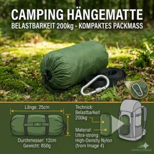 Infografik zu den Abmessungen und der Tragkraft der camping hängematte belastbarkeit 200kg für Camper.