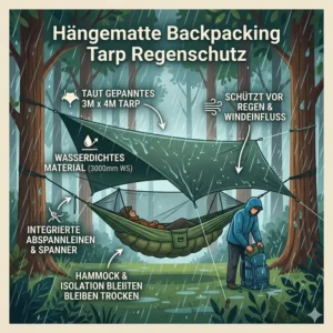 Eine Hängematte mit Tarp als Regenschutz während des hängematte backpacking test.