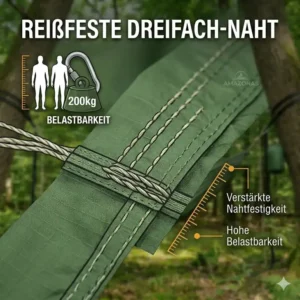 Darstellung des kompakten Packmaßes der stabilen camping hängematte belastbarkeit 200kg für den Rucksack.