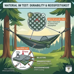 Detailansicht der Reißfestigkeit des Materials im hängematte backpacking test.