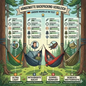 Tabellarische Übersicht aller getesteten Modelle im hängematte backpacking test.