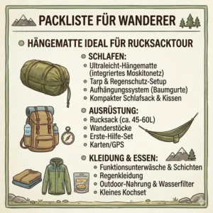 Vollständige Wanderausrüstung inklusive hängematte ideal für rucksacktour.