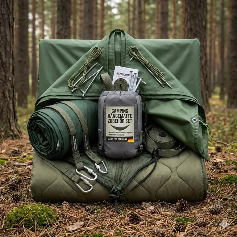 Komplettes camping hängematte zubehör set mit Tarp und Underquilt im Wald aufgebaut