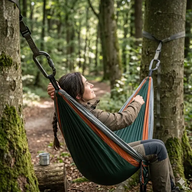 Outdoor hängematte mit starken karabinern im Wald aufgehängt.