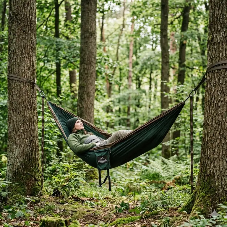 Eine professionell installierte sichere camping hängematte im deutschen Wald.