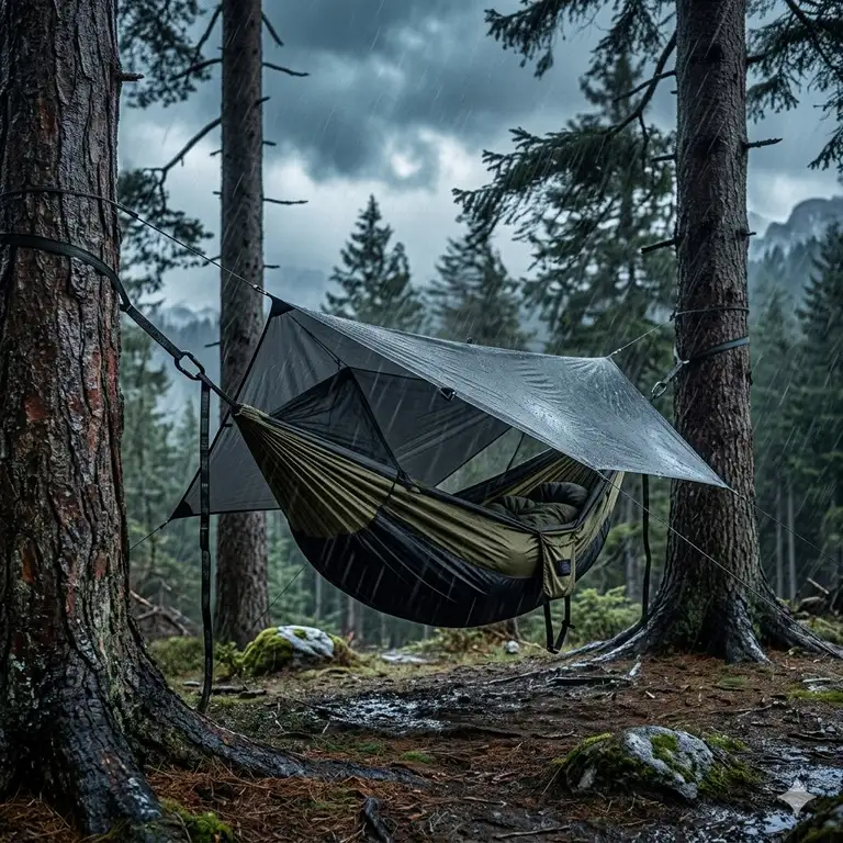 Eine professionelle sturmfeste camping hängematte im Einsatz bei extremem Wetter im Wald.