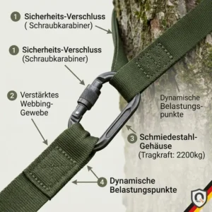 Nahaufnahme der Befestigung einer hängematte mit starken karabinern aus Stahl.