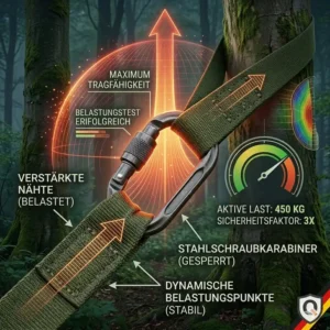Illustration der Belastbarkeit einer hängematte mit starken karabinern für maximale Sicherheit.