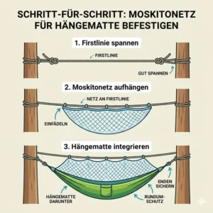 4: Schritt-für-Schritt-Grafik zur Montage vom moskitonetz für hängematte am Aufhängesystem.