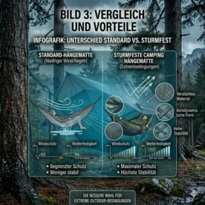 Infografik zum Vergleich zwischen einer normalen Matte und einer sturmfeste camping hängematte.