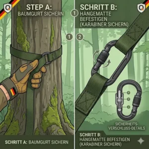 Schritt-für-Schritt Anleitung zur Montage der hängematte mit starken karabinern an Bäumen