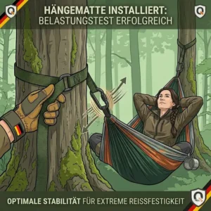 Darstellung der reißfesten Materialien einer hängematte mit starken karabinern.
