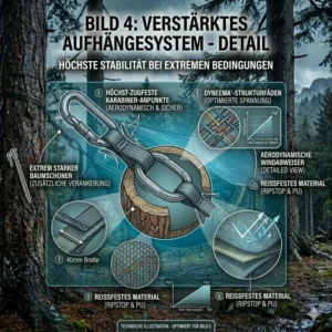 Das verstärkte Aufhängesystem und die Sicherheitskarabiner der sturmfeste camping hängematte.