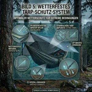 Optimaler Wetterschutz durch das Tarp-System einer sturmfeste camping hängematte.