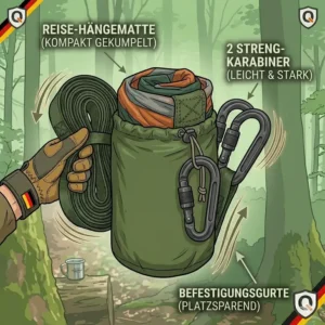 Kompakte Reise-hängematte mit starken karabinern im praktischen Transportbeutel.