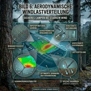Technische Illustration der aerodynamischen Windlastverteilung bei einer sturmfeste camping hängematte.