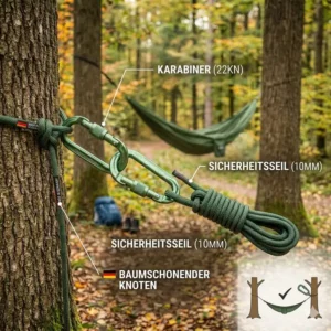 Detailed component view of essential hängematte befestigung camping hardware and materials.