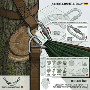 Robuste Sicherheitskarabiner als Teil einer sichere camping hängematte Ausrüstung.