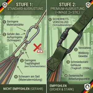 Sicherheitsvergleich zwischen Standard-Haken und einer hängematte mit starken karabinern.