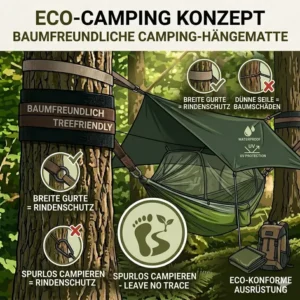 Nachhaltiges Eco-Camping Konzept mit einer camping hängematte baumfreundlich, die keine Spuren in der Natur hinterlässt.