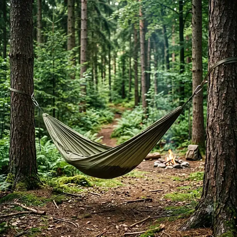 Eine ultraleichte Camping Hängematte für Wald, die stramm zwischen zwei großen Nadelbäumen gespannt ist, mit Blick auf ein gemütliches Lagerfeuer im Hintergrund.