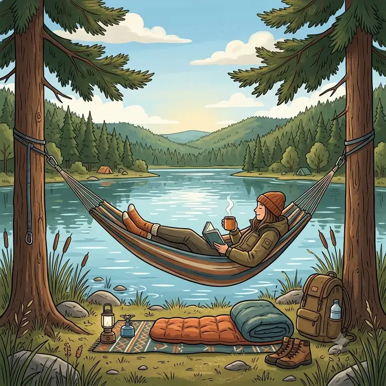 Eine gemütliche hängematte für see camping am Ufer mit Blick auf das Wasser.