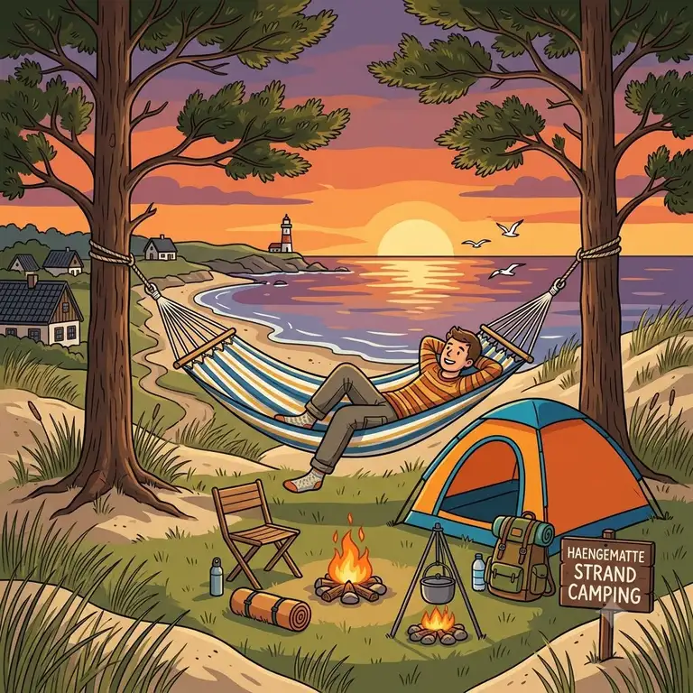 Eine gemütliche hängematte strand camping als Featured Image bei Sonnenuntergang