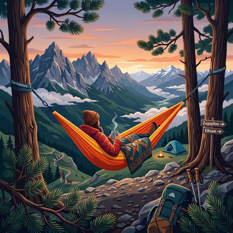 Eine gemütliche hängematte camping am berg mit Blick auf die Alpen im Sonnenuntergang.