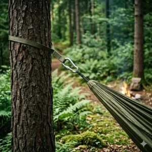 Nahaufnahme eines Baumgurtes mit Karabiner zur sicheren Befestigung einer Camping Hängematte für Wald an einer rauen Baumrinde.