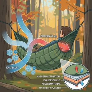 Illustration zur Funktionsweise einer camping hängematte unterlage als Isolierung gegen Wind und Kälte.