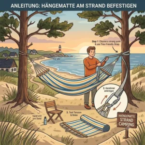 Infografik zur Anleitung, wie man eine hängematte strand camping richtig befestigt.