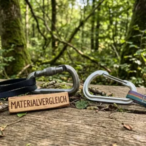 Vergleich im Hängematte Karabiner Test zwischen leichten Aluminium-Karabinern und schweren Stahl-Karabinern für maximale Last.