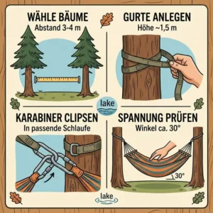 Infografik zur einfachen Befestigung einer hängematte für see camping an Bäumen.