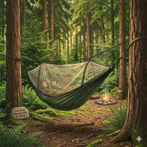 Eine grüne Outdoor Hängematte mit integriertem Moskitonetz, die im dichten Wald aufgebaut ist, um nachts vor Mücken zu schützen (Camping Hängematte für Wald).