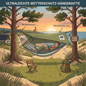 Illustration einer ultraleichten hängematte strand camping mit Moskitonetz.
