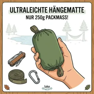 Ein kompaktes Packmaß einer ultraleichten hängematte für see camping in der Hand.