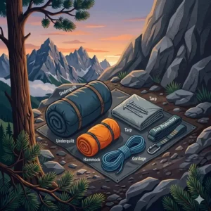 Wichtige Ausrüstung für hängematte camping am berg inklusive Tarp und Isomatte.