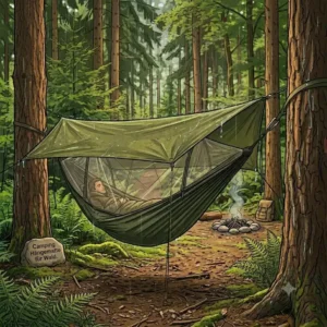 Eine Camping Hängematte für Wald, geschützt durch ein wasserdichtes, olivgrünes Tarp, das bei Regen über den Seilen gespannt ist.