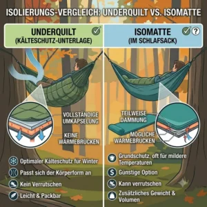 Infografik im direkten Vergleich zwischen Underquilt und Isomatte als ideale camping hängematte unterlage.