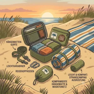 Vektor-Grafik von hängematte strand camping Ausrüstung inklusive Rucksack und Zubehör.