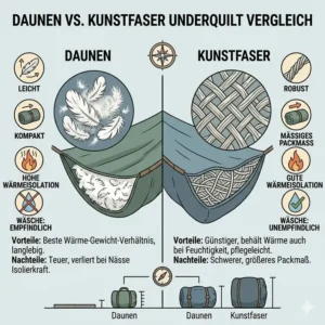 Materialvergleich zwischen Daunen und Kunstfaser für ein underquilt für camping hängematte.
