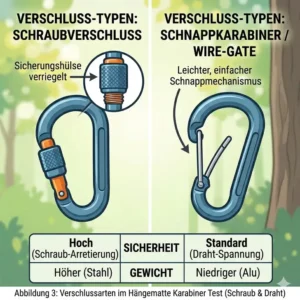 Verschiedene Verschlussarten im Hängematte Karabiner Test, einschließlich Schraubverschluss und Schnappkarabiner.